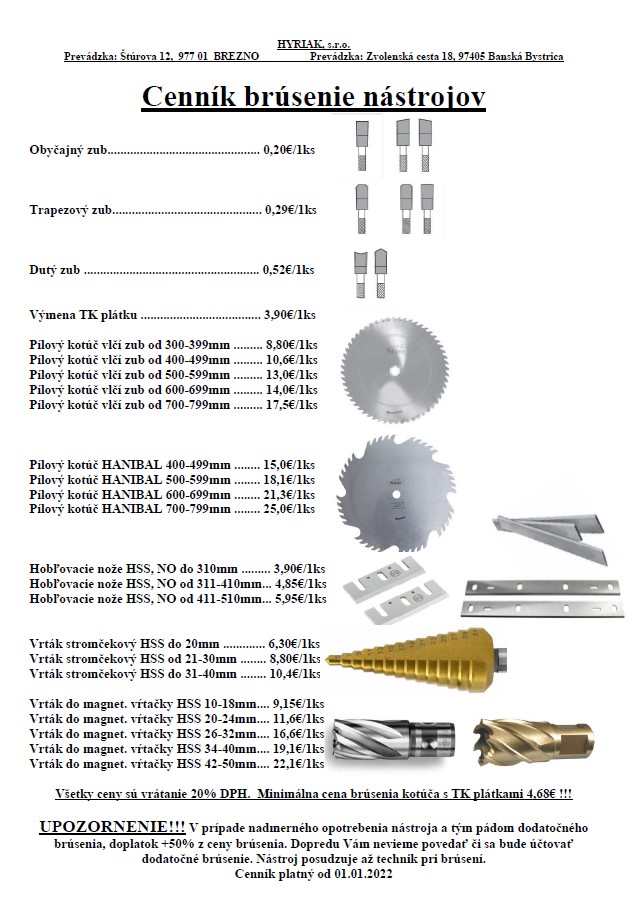 Cenník brsenie nástrojov